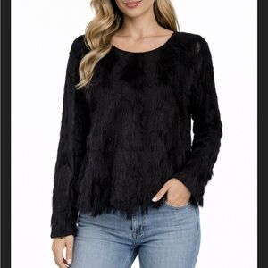Ann Taylor Black Textured Fringe Long Sleeve Blouse Size S